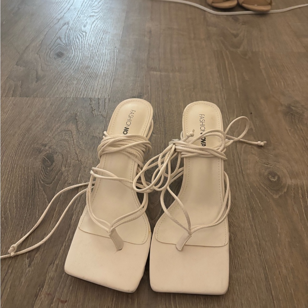 Fashion Nova White Strappy Heels with Square Toe